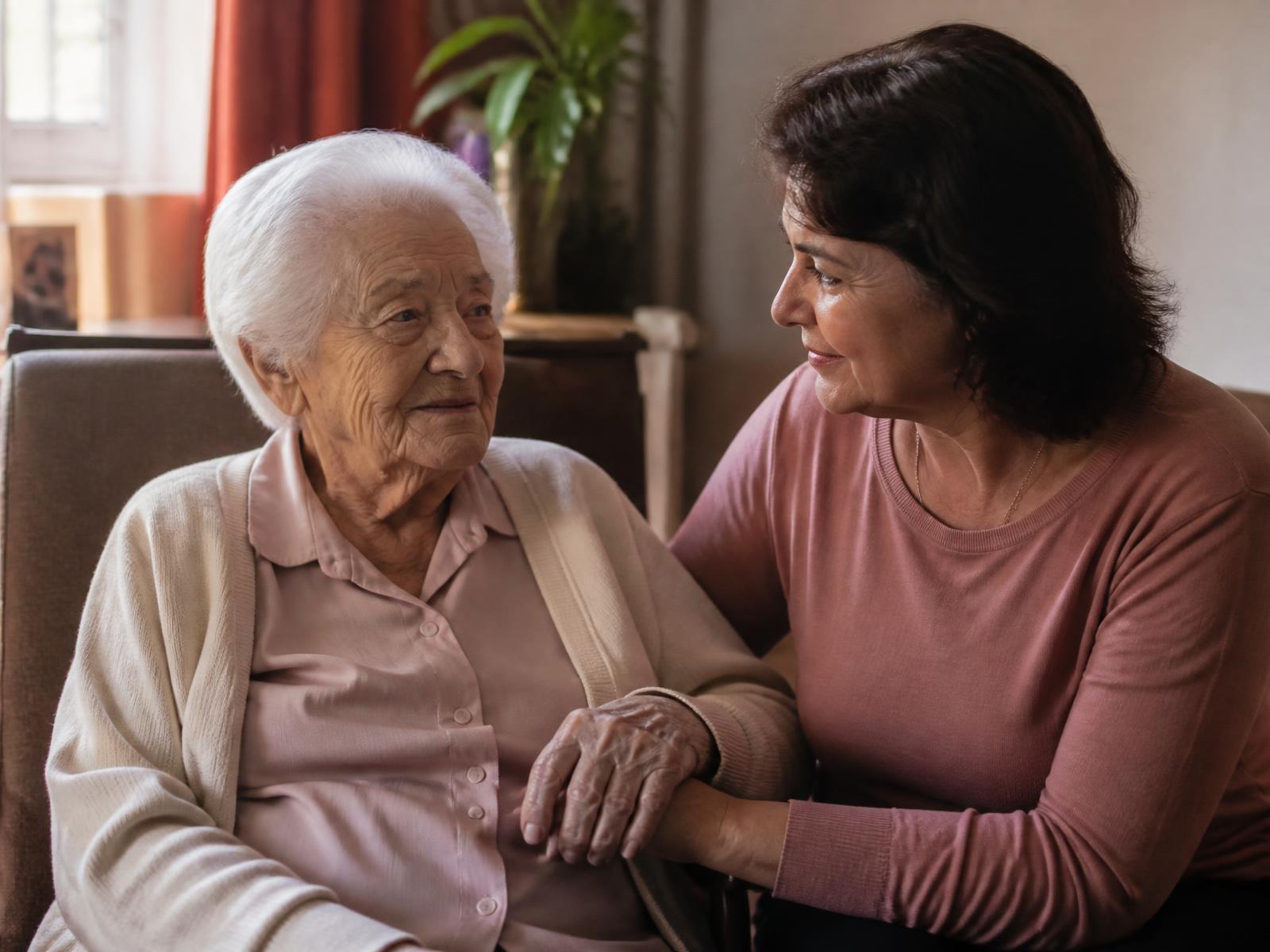 Senhora de mais de 90 anos sentada em sua sala, ao lado da filha, que segura sua mão