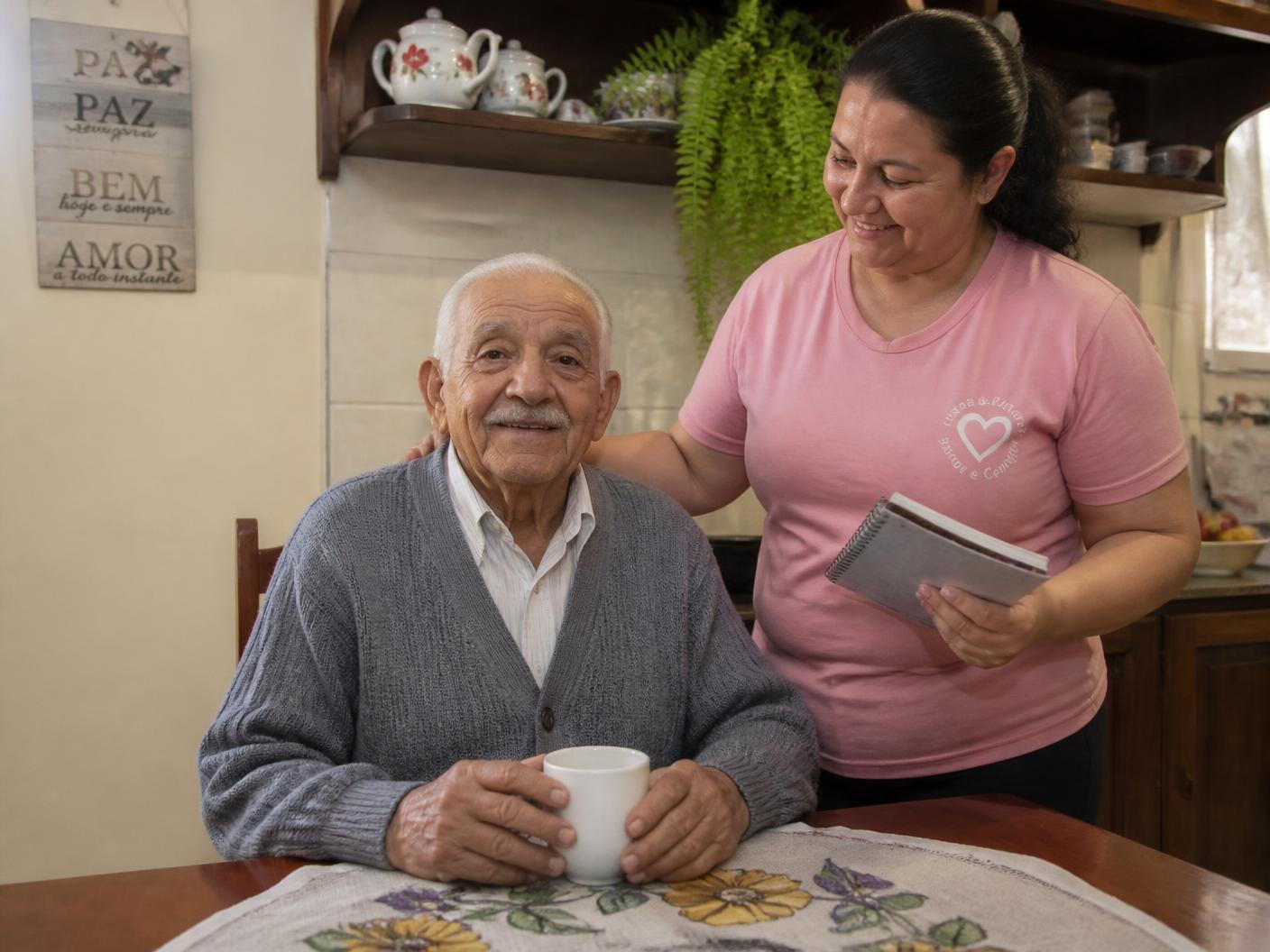 Senhor idoso à mesa da cozinha, conversando com a cuidadora que o acompanha